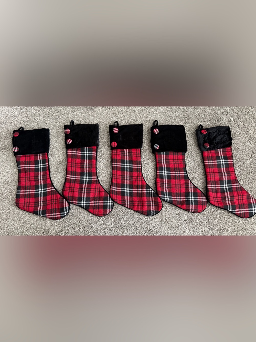 Red Plaid Holiday Stockings with Black velvet Cuff - Set of 5